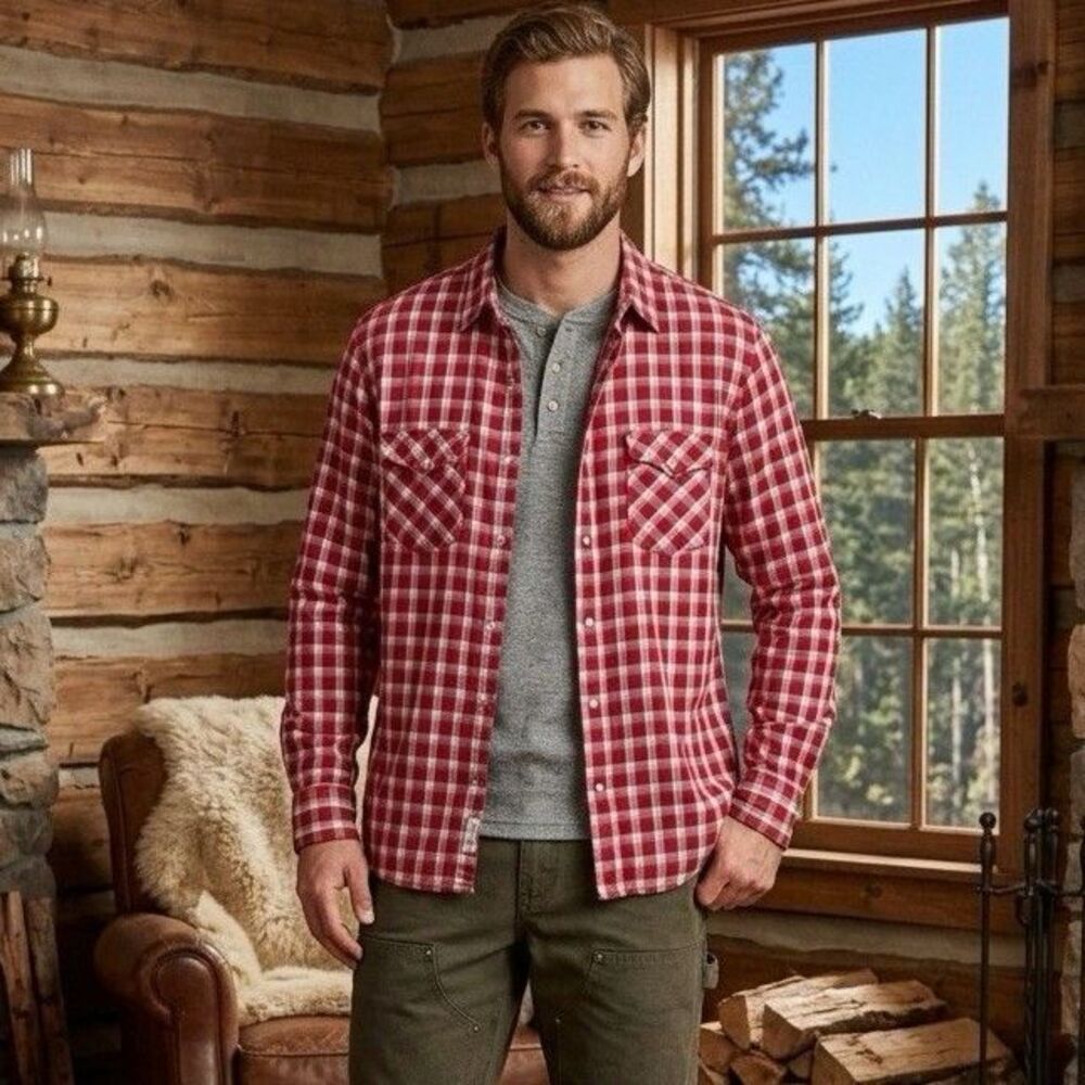 Old Navy Men L Red Plaid Western Pearl Snap Cowboy Cabincore Flannel Gorpcore